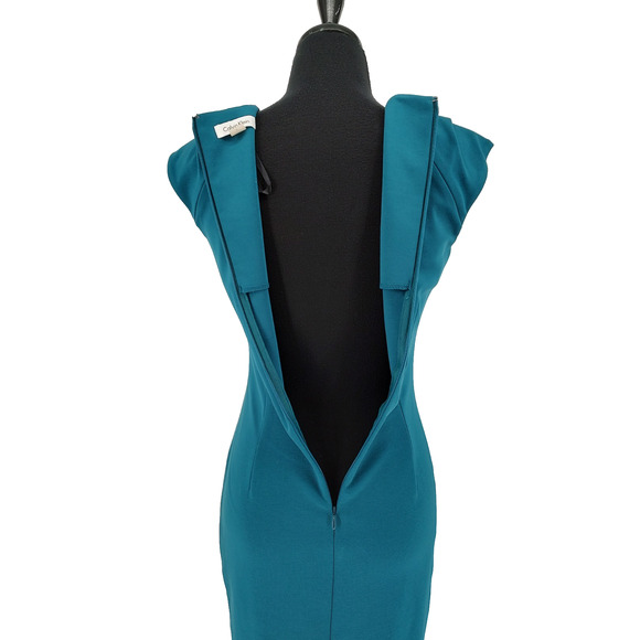 Calvin Klein Woman's Turquoise Sheath Dress Size 2 Ruched Side Back Zipper/ Slit - Picture 4 of 8